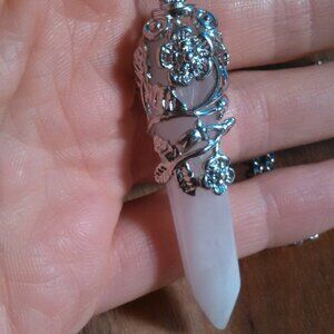 Rose Quartz Pointer Silvertone Pendant Stainless Steel Necklace